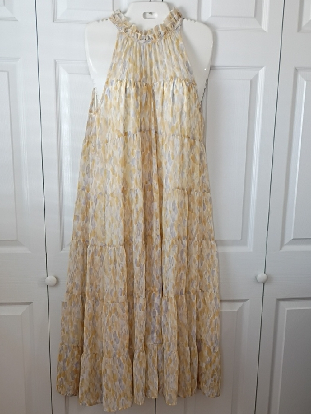 entro Yellow, Gray and Cream Tiered Abstract Halter Maxi Dress Sz L